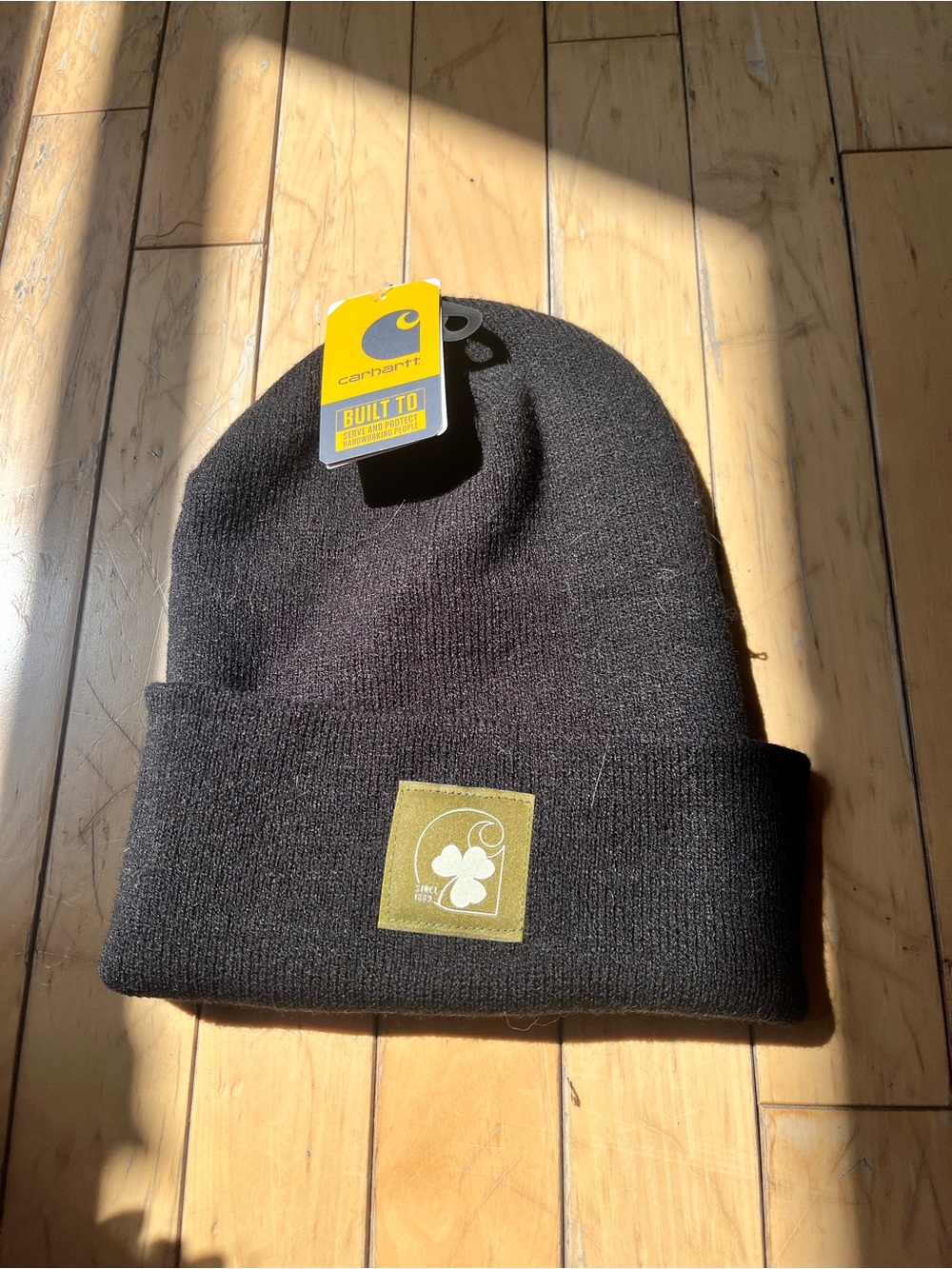 Carhartt Black Cuffed Knit Beanie with Olive Logo Patch